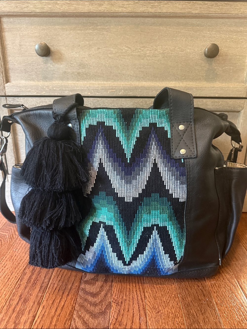 Nena & Co Heritage Moon Bag Convertible Day Bag – Black Leather OOAK Huipil